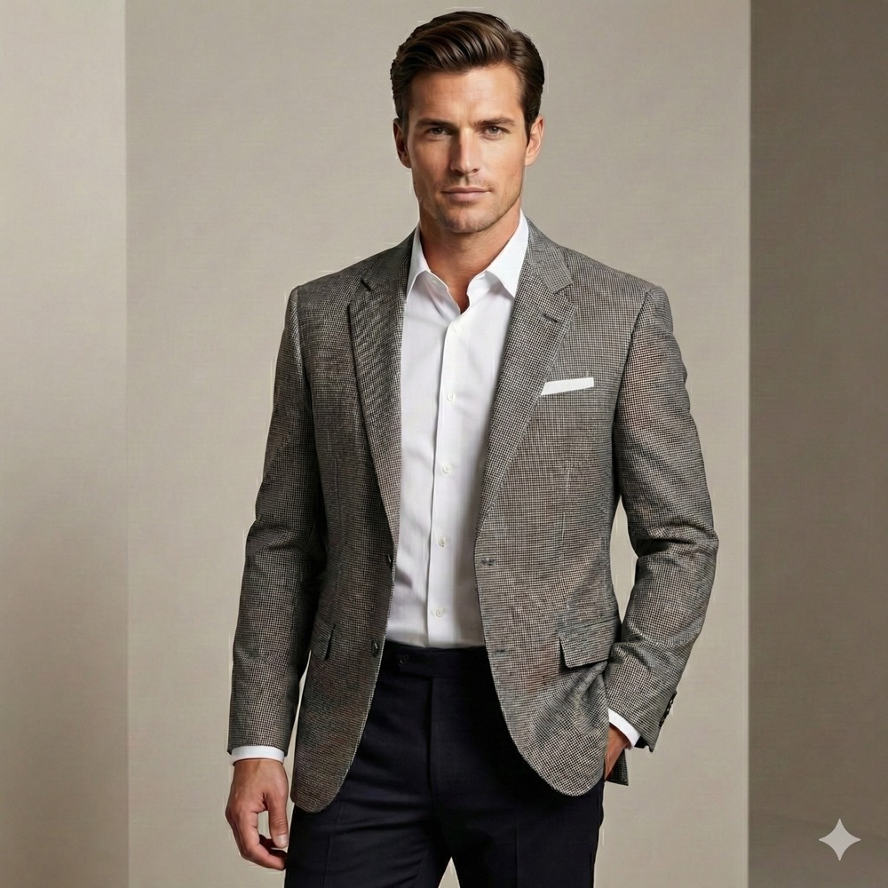 JOS A BANK Mens 46R GORDON Sport Coat Blazer 100% Wool Houndstooth Gray Career